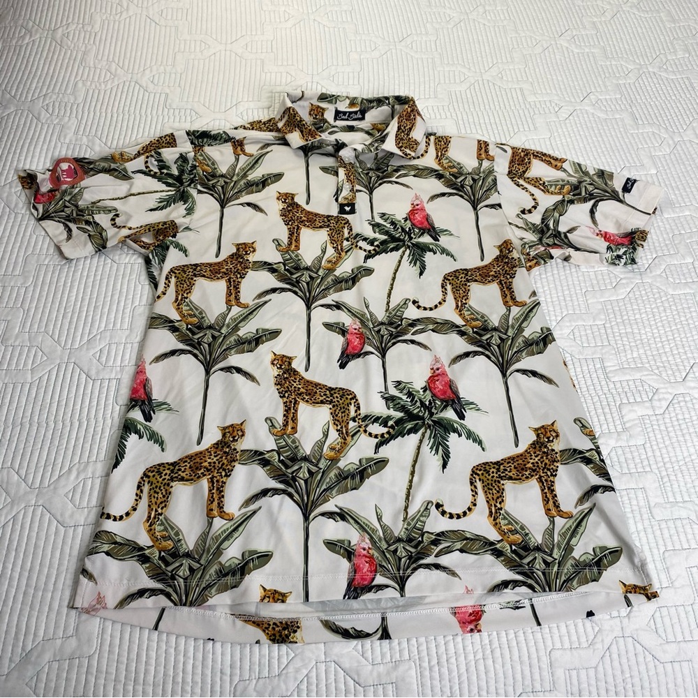 Bad Birdie Shirt Large Polo Cheetah Parrot Floral Golf Performance Mens L